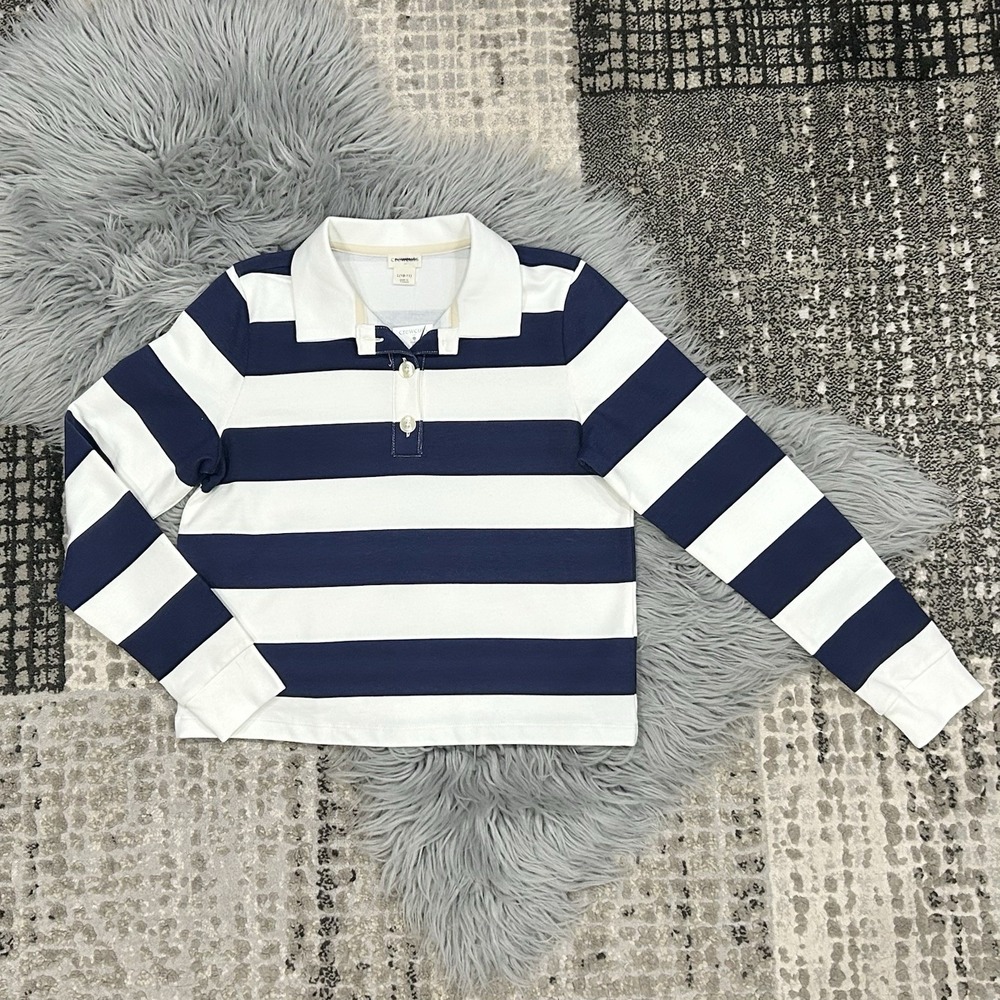 Crewcuts Boys Navy & White Striped Rugby Long Sleeve Top Size Large (10-11)‎
